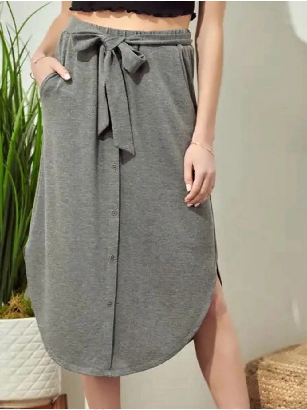 Doe & Rae Button Front Tie Waist Midi Skirt in Gray